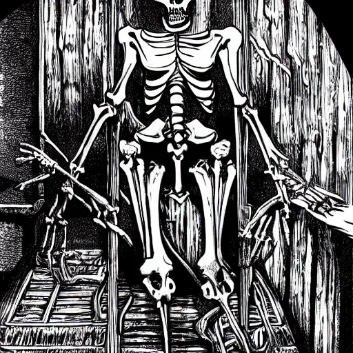 Prompt: An evil skeleton in a haunted tomb. Dark Fantasy. Dungeon and Dragons. Film Noir. Black and White.