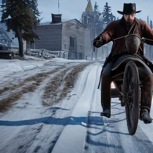 Image similar to arthur from rdr 2 high detailed face driving bike background russia in 2 0 2 0 at russia, tolyatti sportivnaia street 7, cars, snow, buildings photorealism