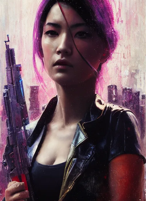 Prompt: Nikki Tanaka. Cyberpunk hitwoman in fashionable clothes (blade runner 2049, cyberpunk 2077). Orientalist portrait by john william waterhouse and James Gurney and Theodore Ralli and Nasreddine Dinet, oil on canvas. Cinematic, hyper realism, realistic proportions, dramatic lighting, high detail 4k