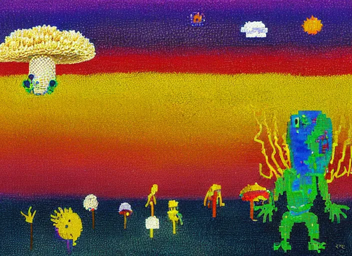 Image similar to pixel decollage painting golden armor alien zombie horseman riding on a crystal bone dragon broken rainbow diamond maggot horse in a blossoming meadow full of colorful mushrooms and golden foil toad blobs in a golden sunset, distant forest horizon, painted by Mark Rothko, Helen Frankenthaler, Danny Fox and Hilma af Klint, pixelated, neo expressionism, semi naive, rich deep colors, cinematic, color field painting, cave painting, voxel, pop art look, outsider art, minimalistic. Bill Traylor painting, part by Philip Guston and Francis Bacon. art by Adrian Ghenie, 8k, extreme detail, intricate detail, masterpiece