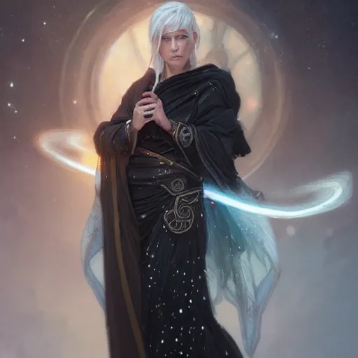 Prompt: portrait of a female aasimar stars druid with short white hair wearing a black robe covered in stars, half body, fantasy, highly detailed, digital painting, artstation, concept art, character art, art by greg rutkowski and tyler jacobson and alphonse mucha