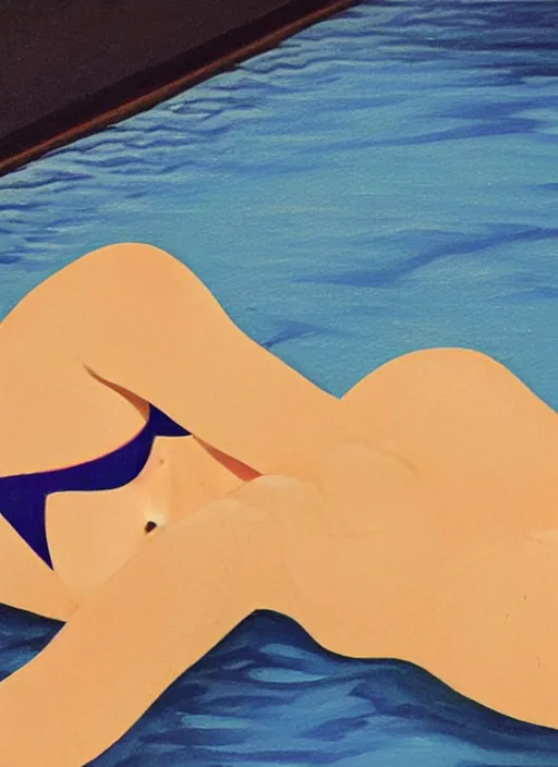 Image similar to a girl, in retro swimsuit, lying by the pool, 7 0 - s, minimalist oil painting by ryo takemasa, shinkai, makoto, kiuchi, tatsuro flat colors, beautiful lightning, sharp, poster