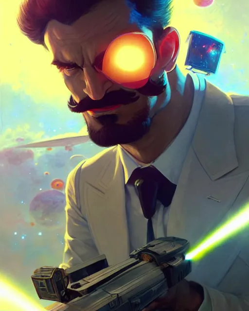 Image similar to gigachad luigi firing a laser cannon like ernest khalimov wearing a suit in the space lab, fantasy character portrait, ultra realistic, anime key visual, concept art, intricate details, highly detailed by greg rutkowski, ilya kuvshinov, gaston bussiere, craig mullins, simon bisley