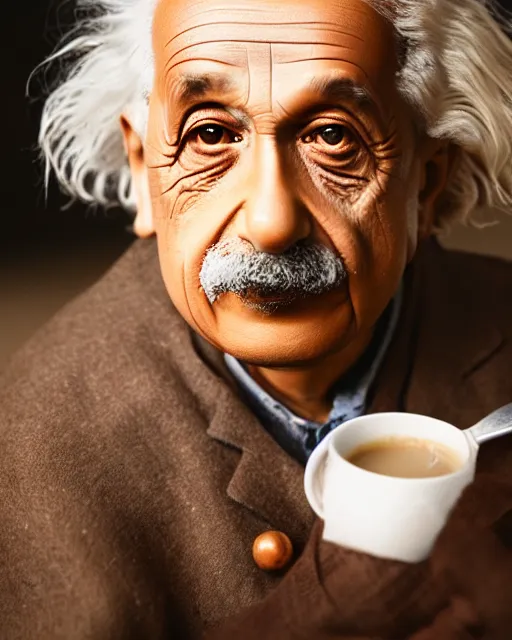 Image similar to A photo of Albert Einstein eating Masala Chai, highly detailed, trending on artstation, bokeh, 90mm, f/1.4