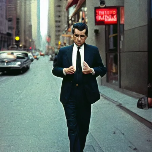 Image similar to portrait of a man walking in a suit in the streets of new york, 1 9 6 0 s, street photography taken with ektachrome, featured on flickr, photographed on expired film