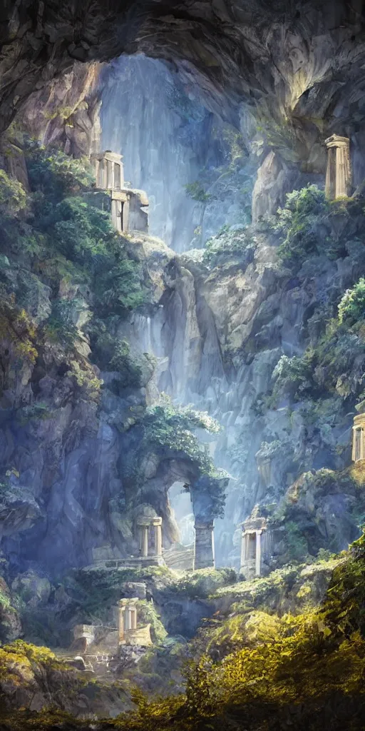 Prompt: Gorge in the mountain, white stone temple classicism ruins, Greek architecture, lots of people in robes, night dramatic lighting, blue, yellow and purple tones, wide camera angle, matte painting, trending on ArtStation, concept art, delightful surroundings, high detail, sharp contrast, picturesque, 4K, 8K, super graphically realistic detailed, high definition, HDR