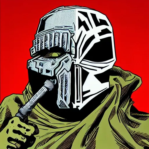 Prompt: MF DOOM crawls out of his grave like a zombie