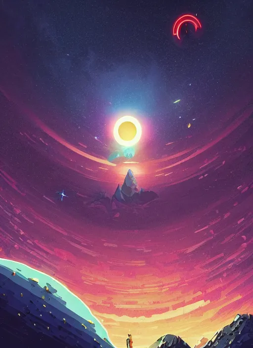 Image similar to a beautiful ultradetailed matte painting of a black hole swallowing a star, colorful and bright, clouds in the distance dark fantasy, d & d, artstation, art by petros afshar, tom whalen, laurie greasley and greg rutkowski and ilya kuvshinov