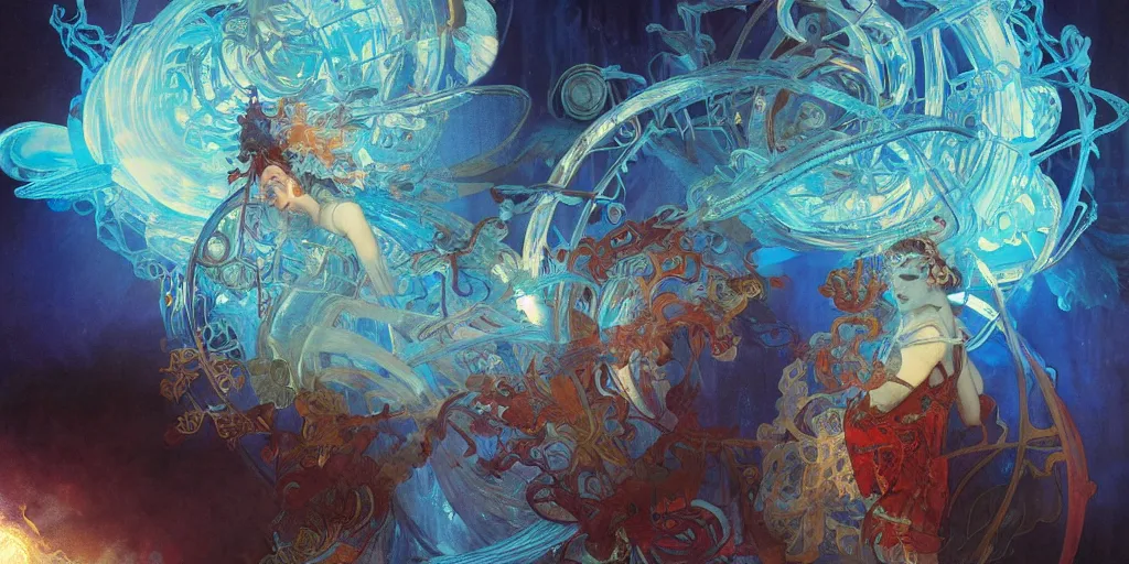 Image similar to arcs of blue flame intertwined with water, glinting particles of ice, dramatic lighting, steampunk, bright neon, holographic secret cyphers, red flowers, solar flares, intricate art by alphonse mucha and greg rutkowski