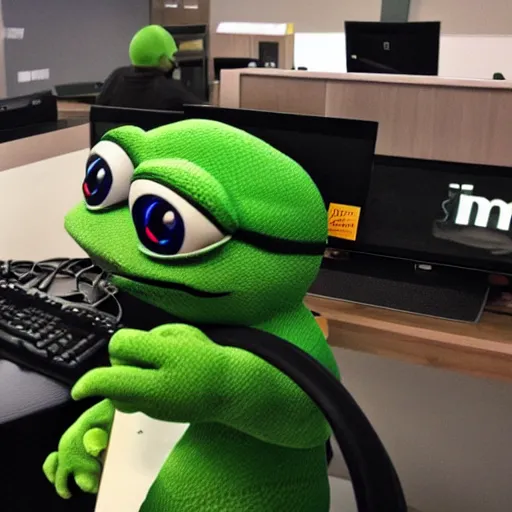 Image similar to pepe destroying computers