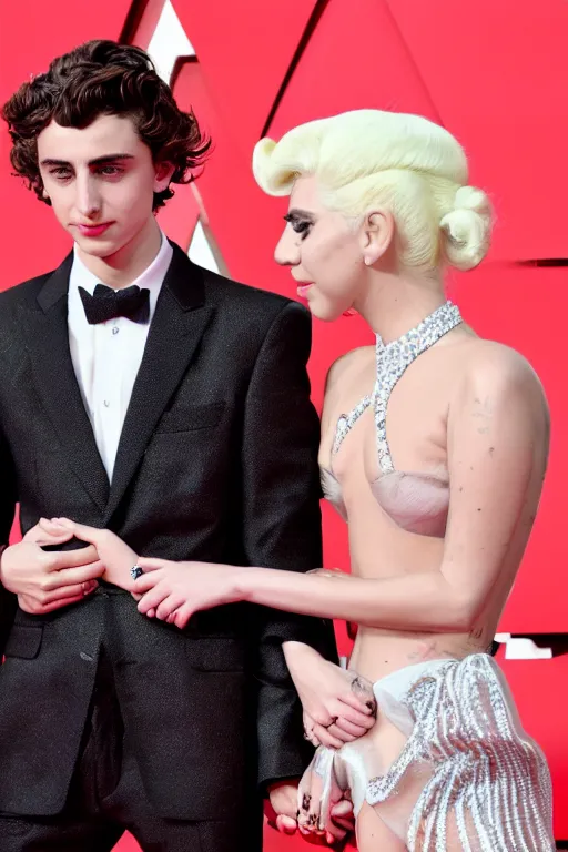 Image similar to timothee chalamet and lady gaga holding hands on the red carpet, beautiful detailed faces, canon eos, featured, flash lighting