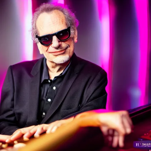 Image similar to Donald Fagen at a casino, XF IQ4, f/1.4, ISO 200, 1/160s, 8K, RAW, unedited, symmetrical balance, in-frame, Facial Retouch