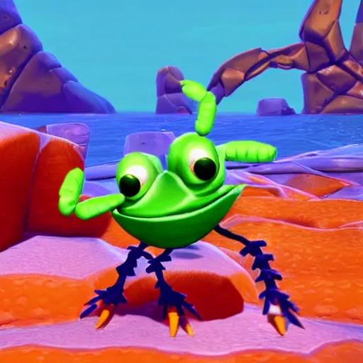 Prompt: screenshot of a cute wacky humanoid crab enemy with a coat in crash bandicoot video game, crash bandicoot 4, playstation 1 era graphics, activision blizzard style, 4 k upscaled graphics