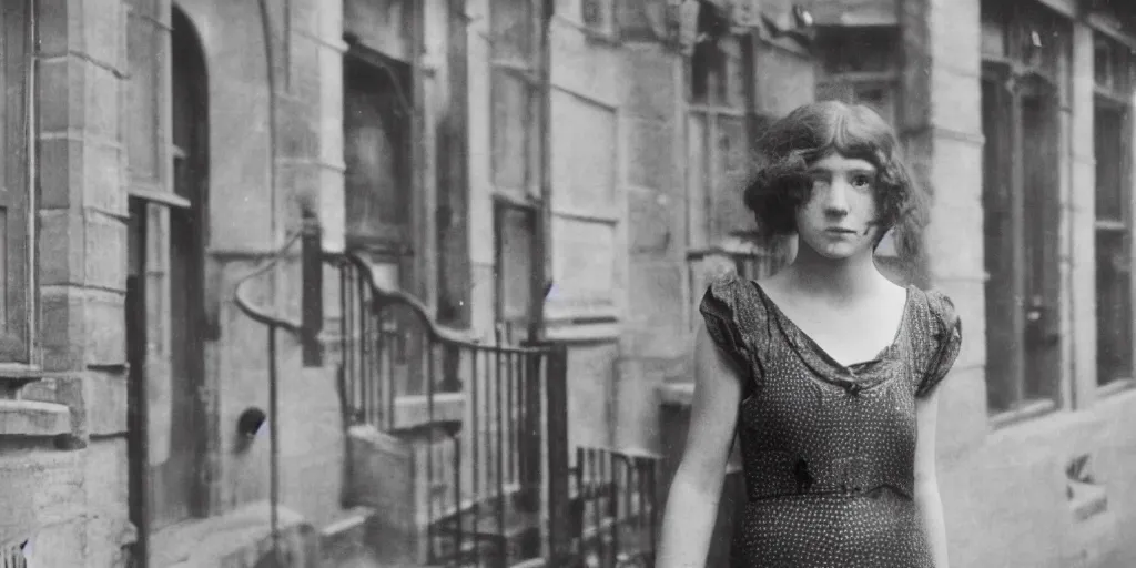 Prompt: a young red haired woman with freckles looks deeply into the camera, 1920's london street, 100, 50mm, art nouveau, f4.0, style of Joel Meyerowitz