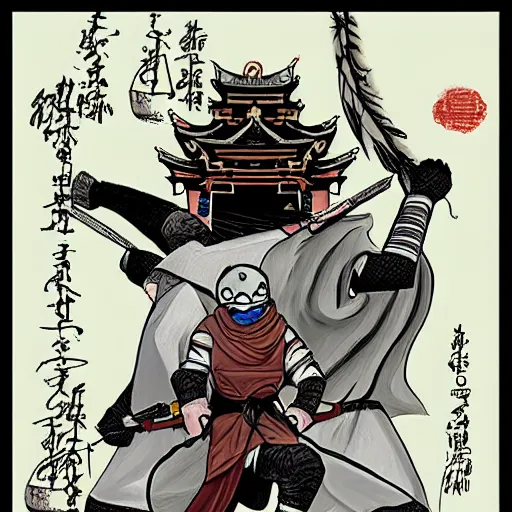 Image similar to a dward ninja heroes facing an ancient temple, illustrated by trent kaniuga