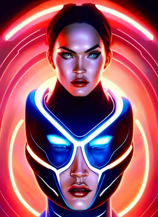 Image similar to portrait of megan fox as tron, disney, tron, disc wars, intricate, headshot, highly detailed, digital painting, artstation, concept art, sharp focus, cinematic lighting, illustration, art by artgerm and greg rutkowski, alphonse mucha, cgsociety