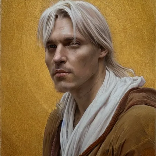 Prompt: portrait of 4 0 - year - old man with dirty blonde hair down to his waist, pale eyebrows and protuberant silver eyes, wearing a simple white robe, hyper realistic face, beautiful eyes, fantasy art, in the style of greg rutkowski, intricate, alphonse mucha, hyper detailed, smooth