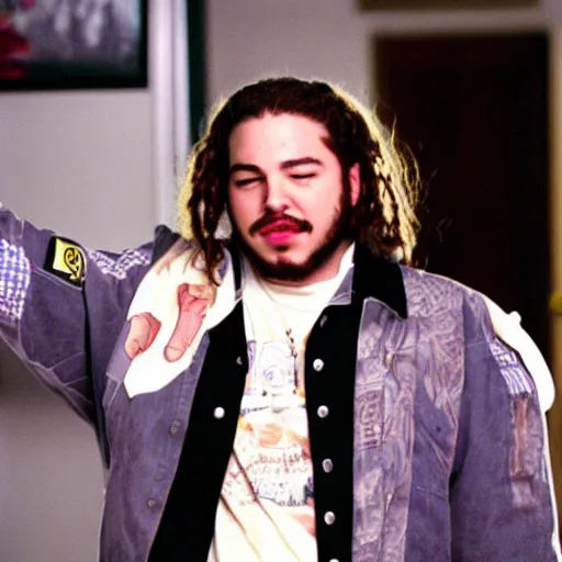 Image similar to a film still of Post Malone starring as Dewey Finn in School Of Rock (2003)