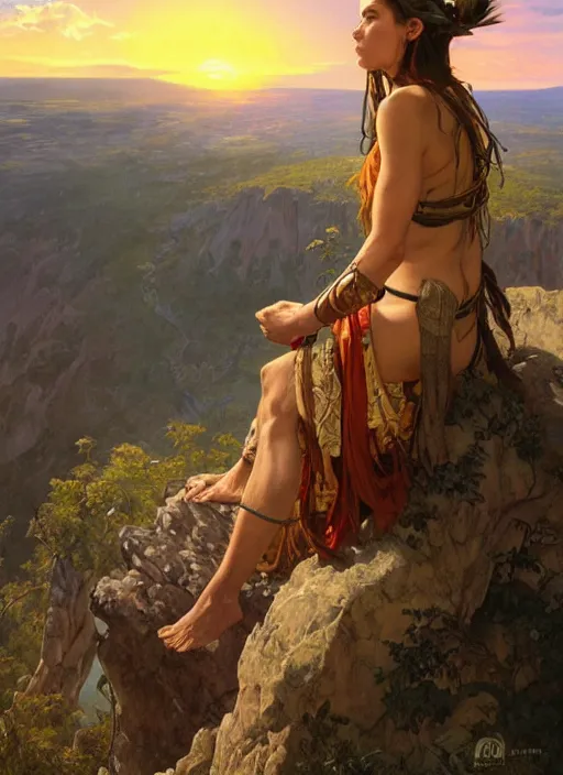 Prompt: an shaman sitting at the top of a cliff, looking down at the valley, doing a vision quest, beautiful sunset, art by artgerm and greg rutkowski and alphonse mucha