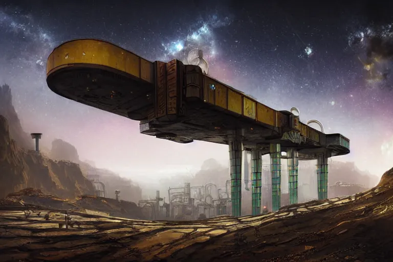 Image similar to sci - fi favela, art nouveau desert environment, industrial factory, cliffs, gloomy, milky way, award winning art, epic dreamlike fantasy landscape, ultra realistic,