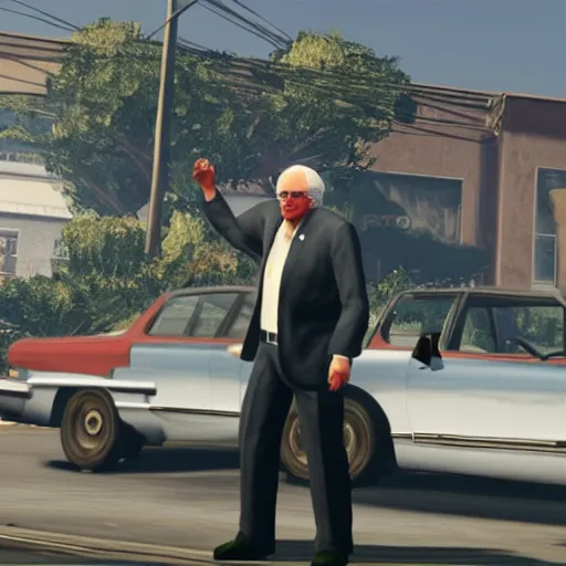 Image similar to Bernie Sanders as a gangster in GTA 5 4k