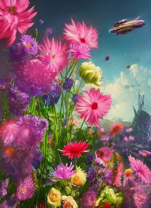 Image similar to An epic fantastic realism comic book style painting of the most beautiful flowers launched across the galaxy, bouquets, fisheye lens, unreal 5, DAZ, hyperrealistic, octane render, dynamic lighting