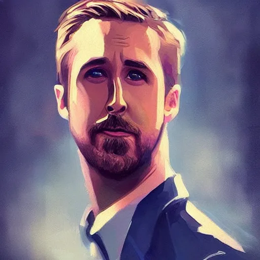 Image similar to “Portrait of Ryan Gosling by Greg Rutkowski, young, attractive, highly detailed portrait, scifi, digital painting, artstation, concept art, smooth, sharp foccus ilustration, Artstation HQ”