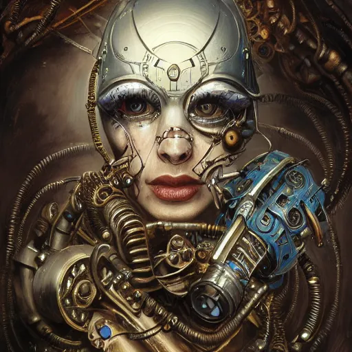 Prompt: low angle shot of a steampunk cyborg with a human face by clive barker, intricate, elegant, highly detailed, centered, digital painting, artstation, concept art, smooth, sharp focus, illustration, artgerm, Tomasz Alen Kopera, Peter Mohrbacher donato giancola, Joseph Christian Leyendecker, WLOP, Boris Vallejo.