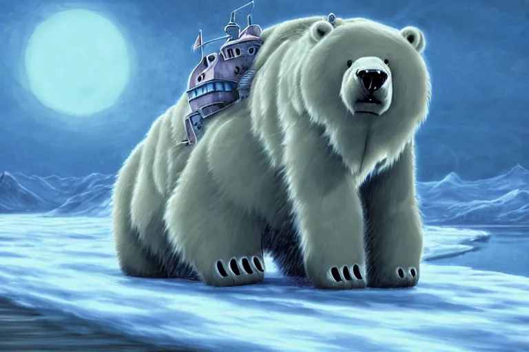 Image similar to cell shaded cartoon of a giant lovecraftian mechanized polar bear from howl's moving castle ( 2 0 0 4 ), on an icy road in the mist, full body, wide shot, very muted colors, post grunge, studio ghibli, highly detailed, deviantart, art by artgem