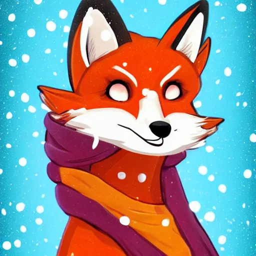 Image similar to an anthropomorphic fox fursona wearing a scarf in the snow, cartoon, trending on artstation, furry art