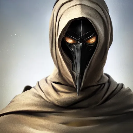 Image similar to portrait of a dune fremen warrior with a hooded face, character, dark background, mid shot portrait, octane renderer, concept design, centered, facial feature symmetry, hyper realistic micro detail, photorealistic, even lighting, matte finish, in the style of dishonored, daniela uhlig, vance kovaks, florent auguy, high quality painting by lucian freud