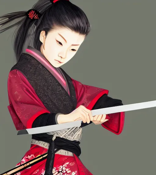 Prompt: a girl holding a katana, samurai outfit, japanese clothes, ponytail, action shot, highly detailed, digital painting, artstation, concept art, smooth, sharp focus, kunoichi, illustration