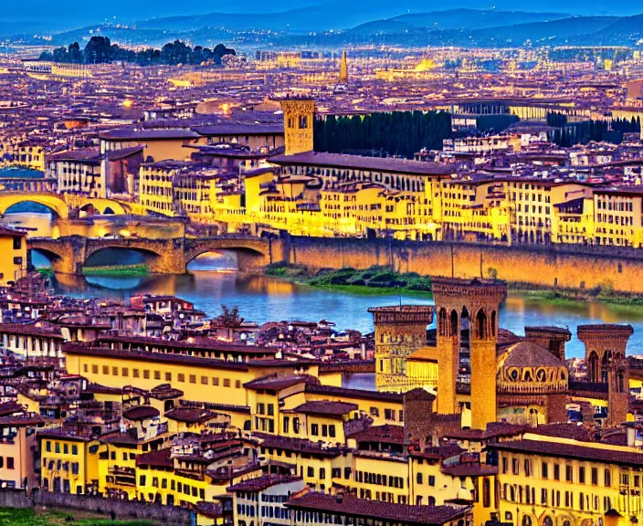 Prompt: 4 k hd, high detail panoramic photograph of florence, shot with sigma f / 4. 2, 2 5 0 mm sharp lens, wide shot, consistent, volumetric lighting, high level texture render