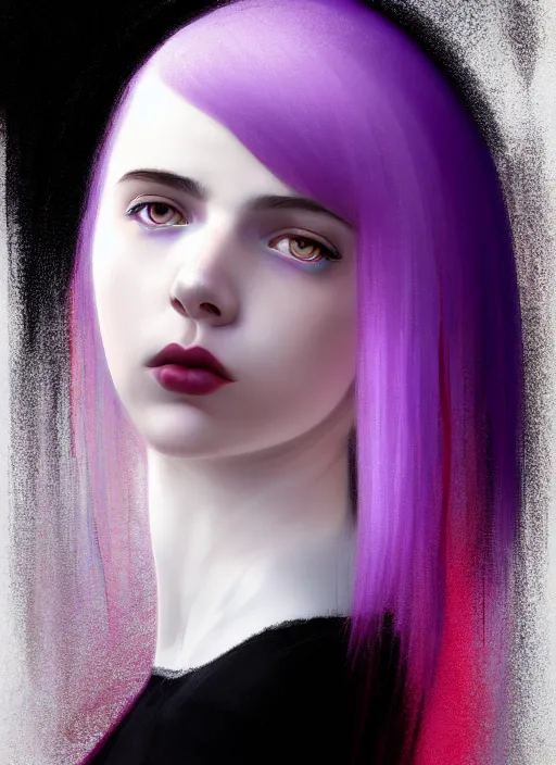 Image similar to portrait of teenage girl with white bangs, red irises, bangs, black and white hair, purple clothes, white bangs, two color hair, black hair and white bangs, intricate, elegant, glowing lights, highly detailed, digital painting, artstation, concept art, smooth, sharp focus, illustration, art by wlop, mars ravelo and greg rutkowski