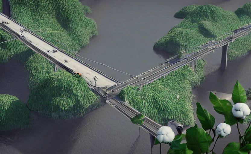 Image similar to a big bridge destroyed by enormous cotton plants, 3 d octane render, epic lighting, 8 k, by goro fujita