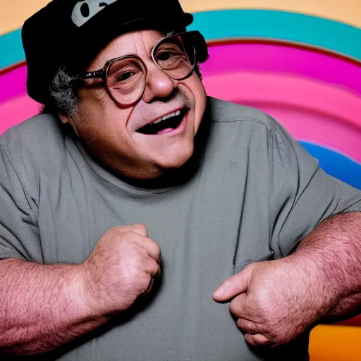 Image similar to closeup Danny DeVito dressed as kirby, round pink character, by Steve McCurry and David Lazar, natural light, detailed face, CANON Eos C300, ƒ1.8, 35mm, 8K, medium-format print