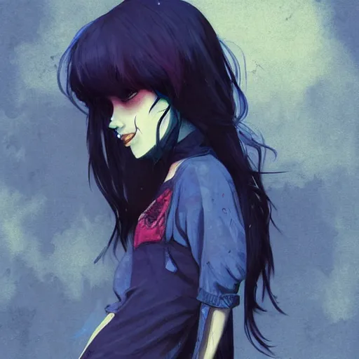 Image similar to urban school zombie girl in tattered clothes fanart, dark blue long hair, muted colors, matte print, pastel colors, ornate, digital art, cute smile, digital painting, fan art, elegant, pixiv, by Ilya Kuvshinov, by Studio Ghibli