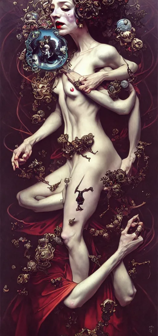 Prompt: baroque oil painting of full body vampire princess portrait, by nekro, peter mohrbacher, alphonse mucha, brian froud, yoshitaka amano, kim keever, victo ngai, james jean