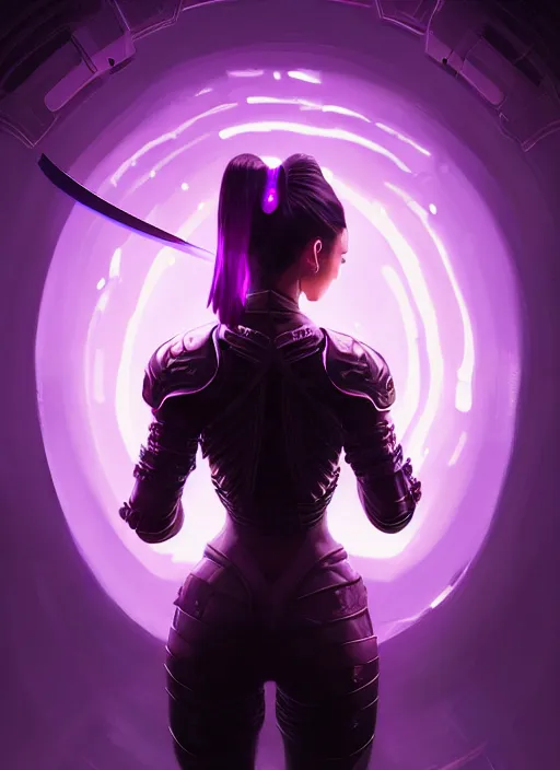 Prompt: portrait, back shot, looking away from viewer, woman with long black ponytail, wearing sci - fi leather armor, glowing purple katana, intricate, elegant, glowing lights, highly detailed, digital painting, artstation, concept art, smooth, sharp focus, illustration, art by wlop, mars ravelo and greg rutkowski