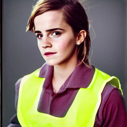 Image similar to photo, close up, emma watson in a hi vis vest, chewing tobacco, bulging lower lip, portrait, kodak gold 2 0 0,