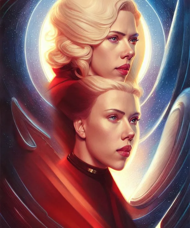 Prompt: Scarlett Johansson is the captain of the starship Enterprise in the new Star Trek movie, art nouveau,elegant, highly detailed, sharp focus, art by Artgerm and Greg Rutkowski
