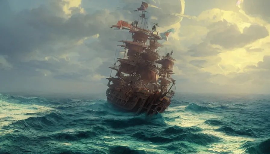 Image similar to A highly detailed matte painting of a huge pirate ship in the ocean by Studio Ghibli, Makoto Shinkai, by Artgerm, by beeple, volumetric lighting, octane render, 4K resolution, trending on artstation