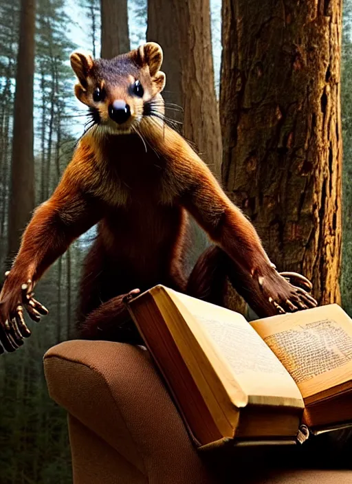 Prompt: A beautiful scene from a 2022 sci-fi film featuring a humanoid pine marten in loose clothing reading an ancient book on a couch. An anthropomorphic pine marten wearing a white shirt. Golden hour.