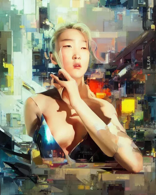Image similar to Lee Jin-Eun by John Berkey and Peter Mohrbacher, rule of thirds, seductive look, beautiful, in intergalactic hq, Refined, masterpiece