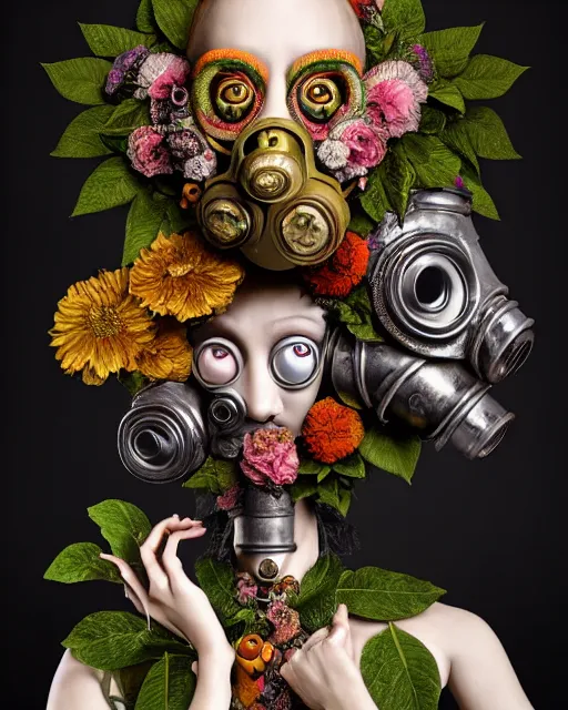 Prompt: a maximalist biomorphic portrait with with large eyes, expressive, wearing a botanical gas mask by arcimboldo, baroque painting by ayami kojima, mark ryden, haunting surrealism by dali, statue, high fashion design, focus on head, soft light, 4 k, octane high quality render