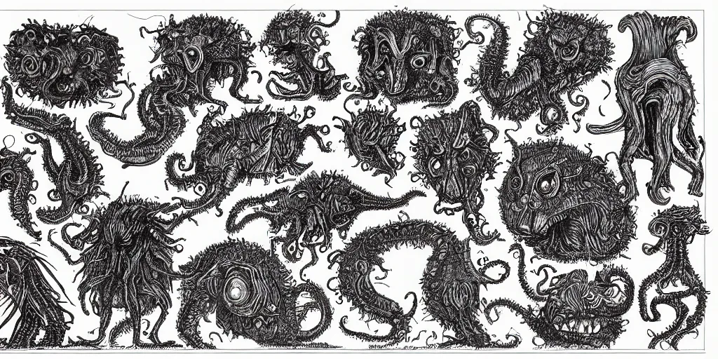 Image similar to detailing reference sheet of lovecraftian unnamed creatures in the style of copper plate etching by biologist