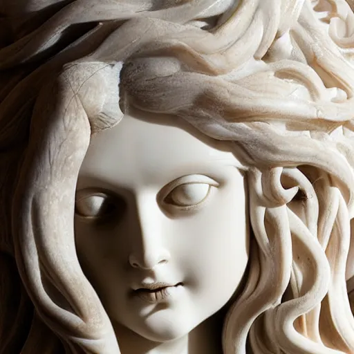 Prompt: female medusa long hair, marble statue, conce beautiful delicate face, macro shot head, sea background