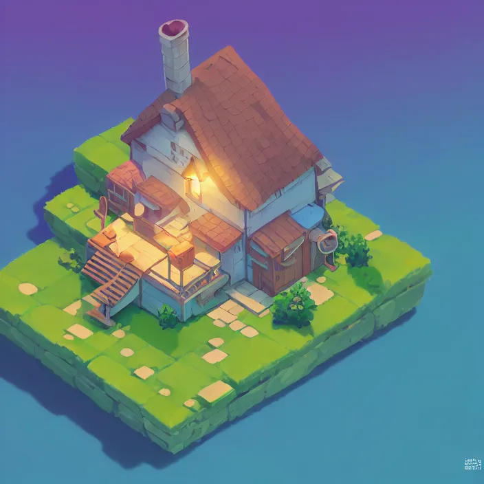 Prompt: isometric view of a game asset on a plinth, a lovely cottage, plain background, cory loftis, james gilleard, atey ghailan, makoto shinkai, goro fujita, studio ghibli, exquisite lighting, clear focus, very coherent, soft painting