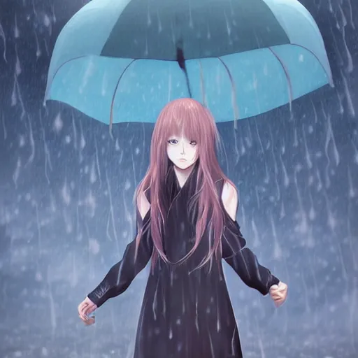 Image similar to portrait of lone girl standing in the melancholic rain, anime fantasy illustration by tomoyuki yamasaki, kyoto studio, madhouse, ufotable, trending on artstation