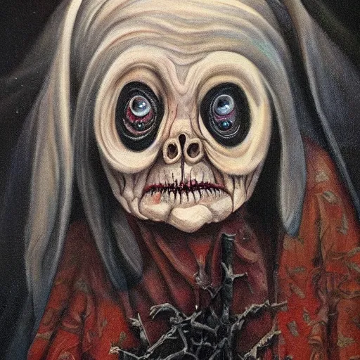 Image similar to creepy old cursed witch watching you sleep, eerie, haunted, oil painting